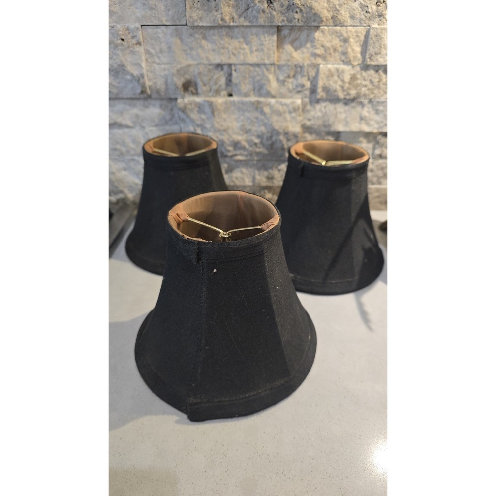 Set of 3 VTG Black Fabric Bell Chandelier Lamp Shades W/ Gold Lining Fitter 5" H